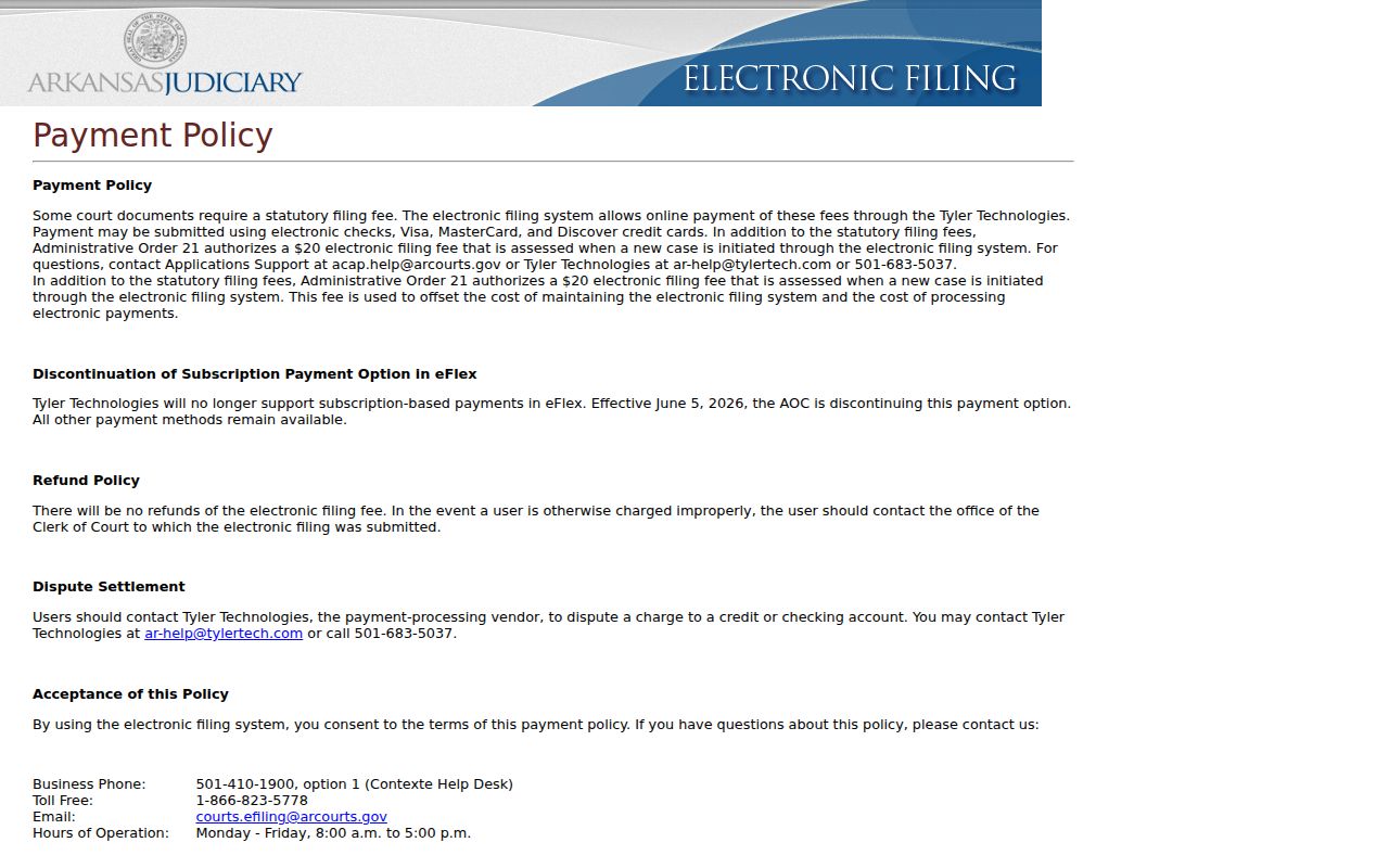 Conway County case search eFlex filing fee policy comparison